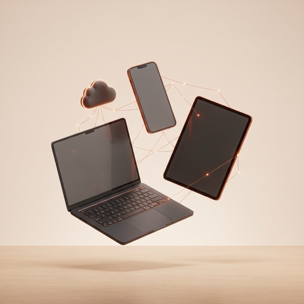 3D render of connected devices: laptop, phone, tablet, and cloud