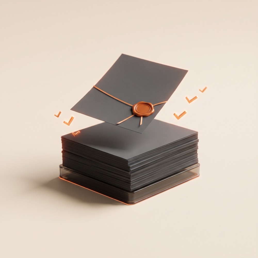 3D render of a report stack sealed with an orange badge